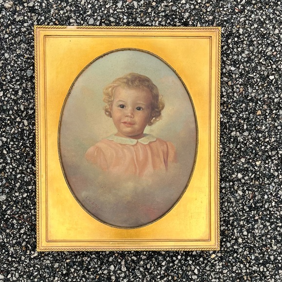 Antique Framed Painting Child 30s Vintage Gold Gilded Flaw